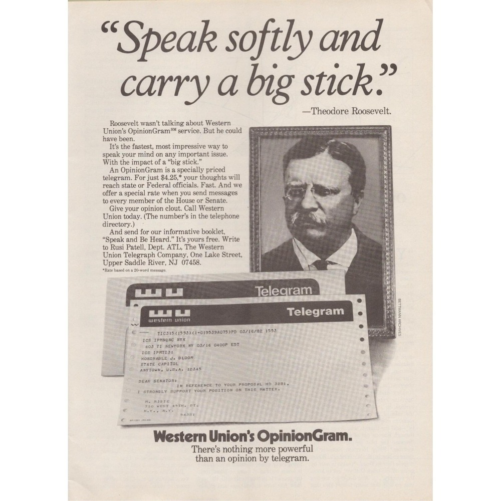1982 Western Union OpinionGram Vintage Print Ad Theodore Roosevelt Quote